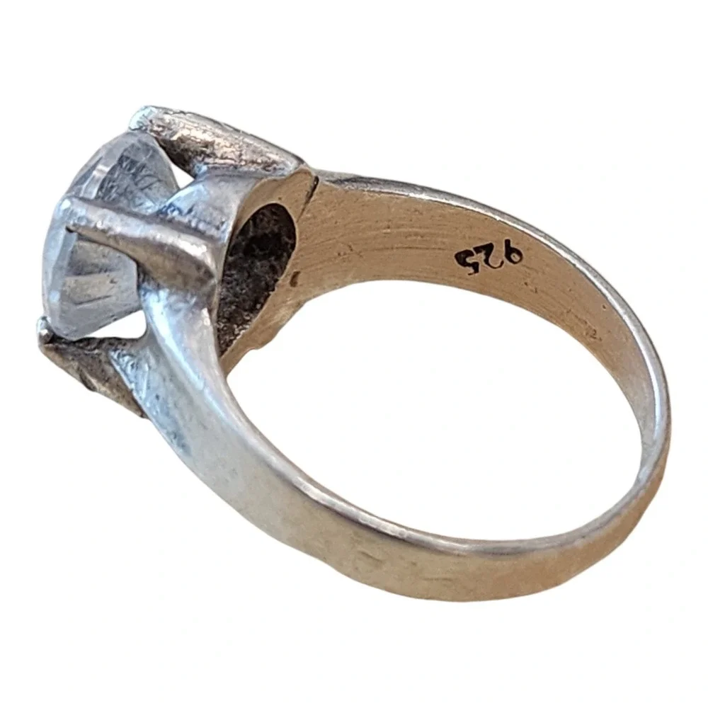 Vintage Mexico Cocktail Ring Sterling Silver 925 Size 5.75 Clear Cubic Zirconia